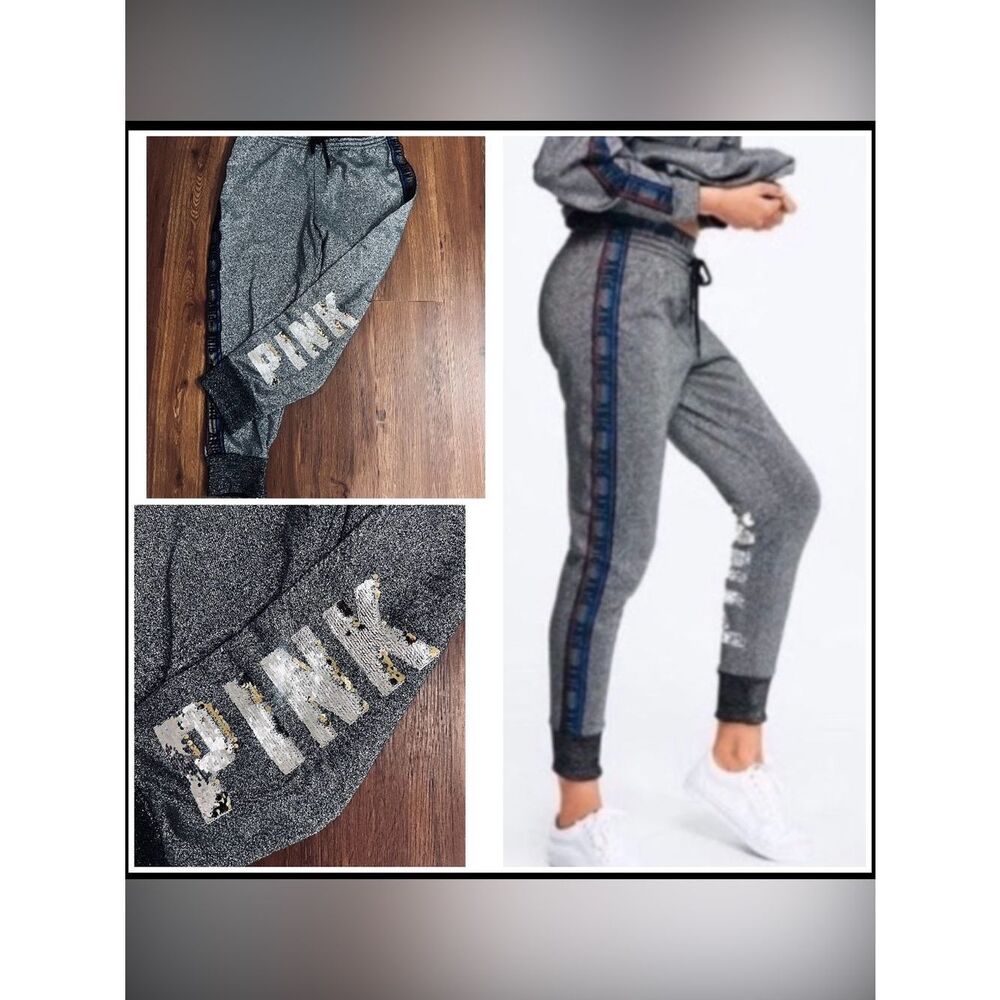 PINK VS SHIMMER GRAY BLING JOGGER PANTS XL